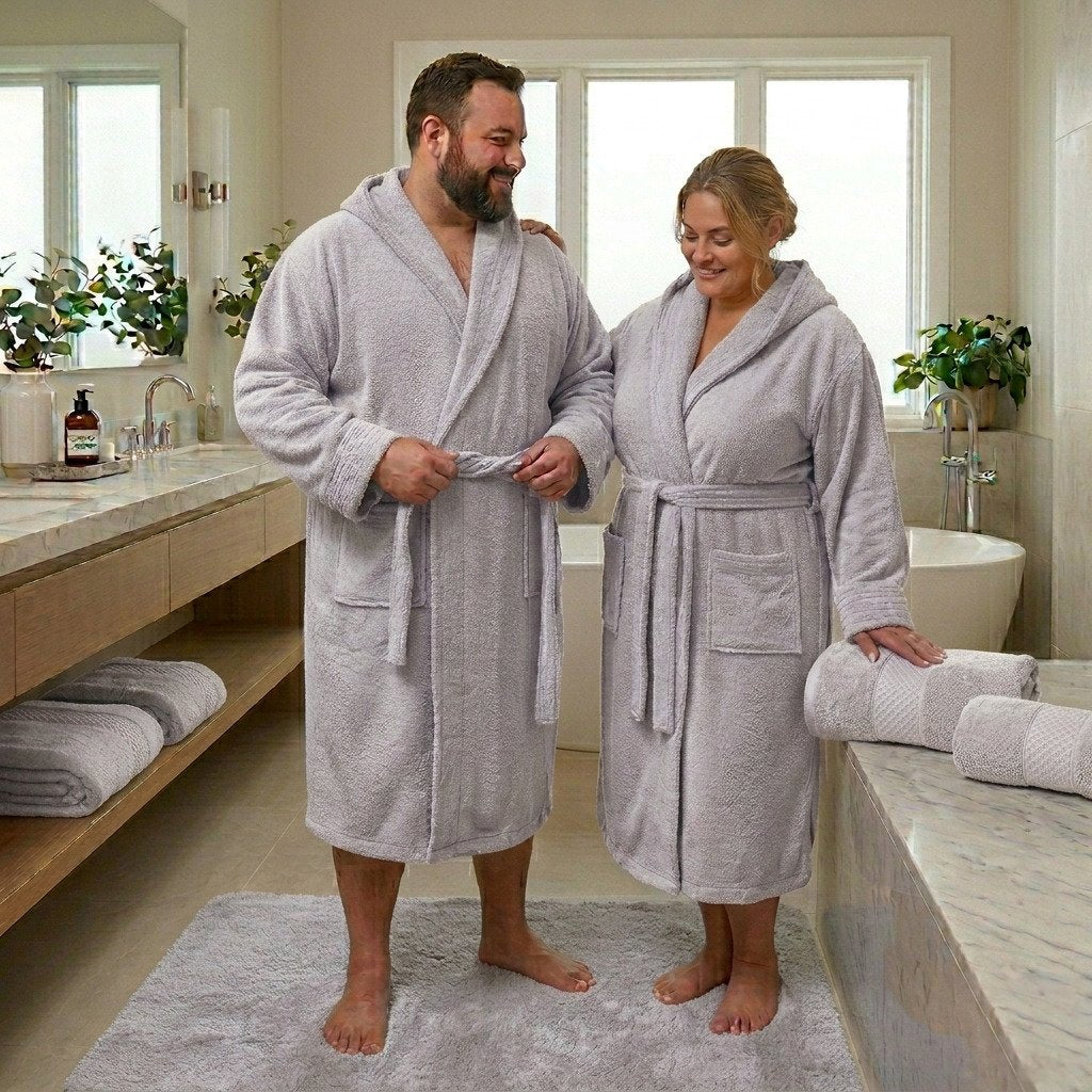 Accappatoio calibrato unisex Ruocco Home colore grigio perla indossato taglie grandi