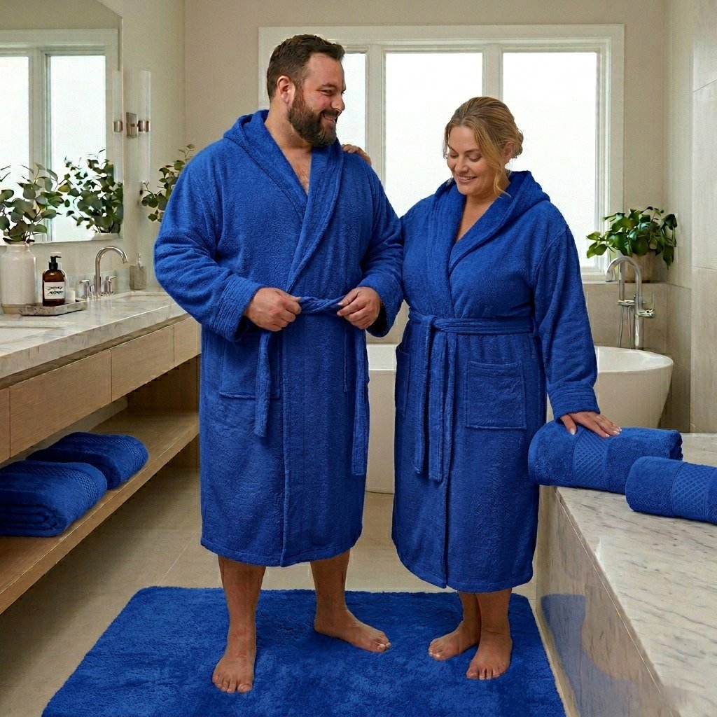 Accappatoio calibrato in spugna Ruocco Home colore blu royal indossato taglie forti
