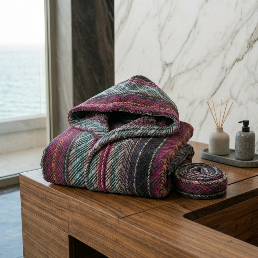 Accappatoio di lusso 450 gr mq modello Fausto piegato elegantemente in un bagno moderno