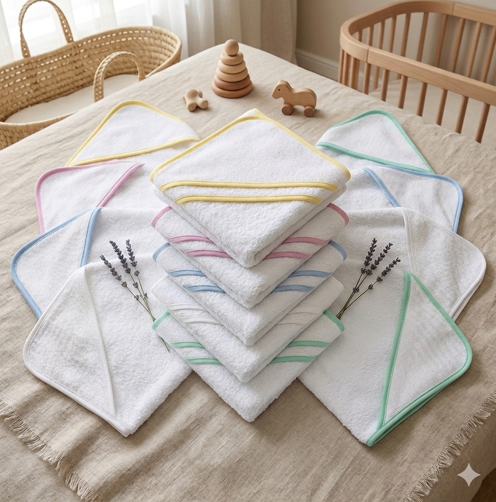 Accappatoio per neonato a triangolo marca Mio Piccolo in spugna di cotone con inserto in tela Aida per ricamo personalizzato.
