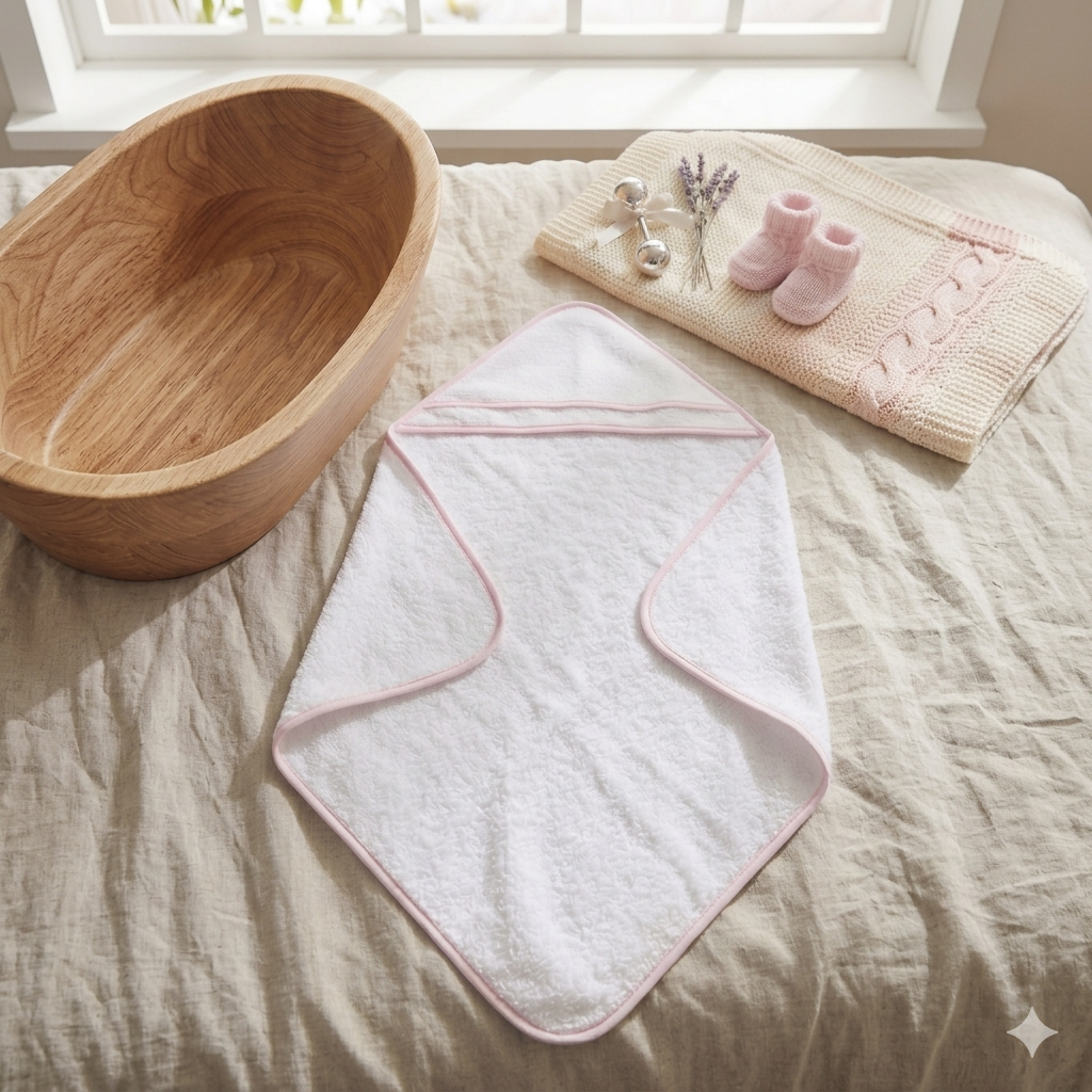 Accappatoio a triangolo per neonato colore rosa aperto in spugna di cotone