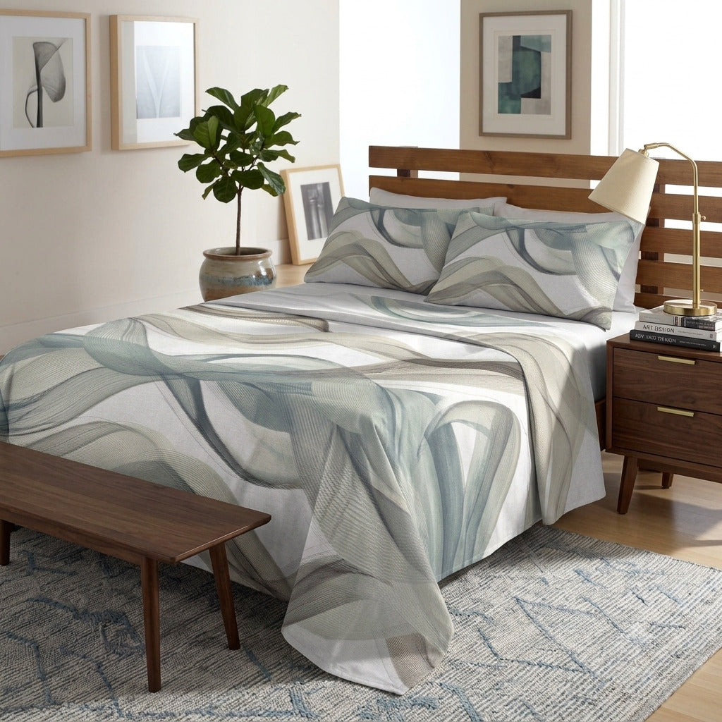 Letto matrimoniale arredato con completo lenzuola modello Ellisse di Botticelli Home in cotone verde salvia con motivi astratti fluidi.