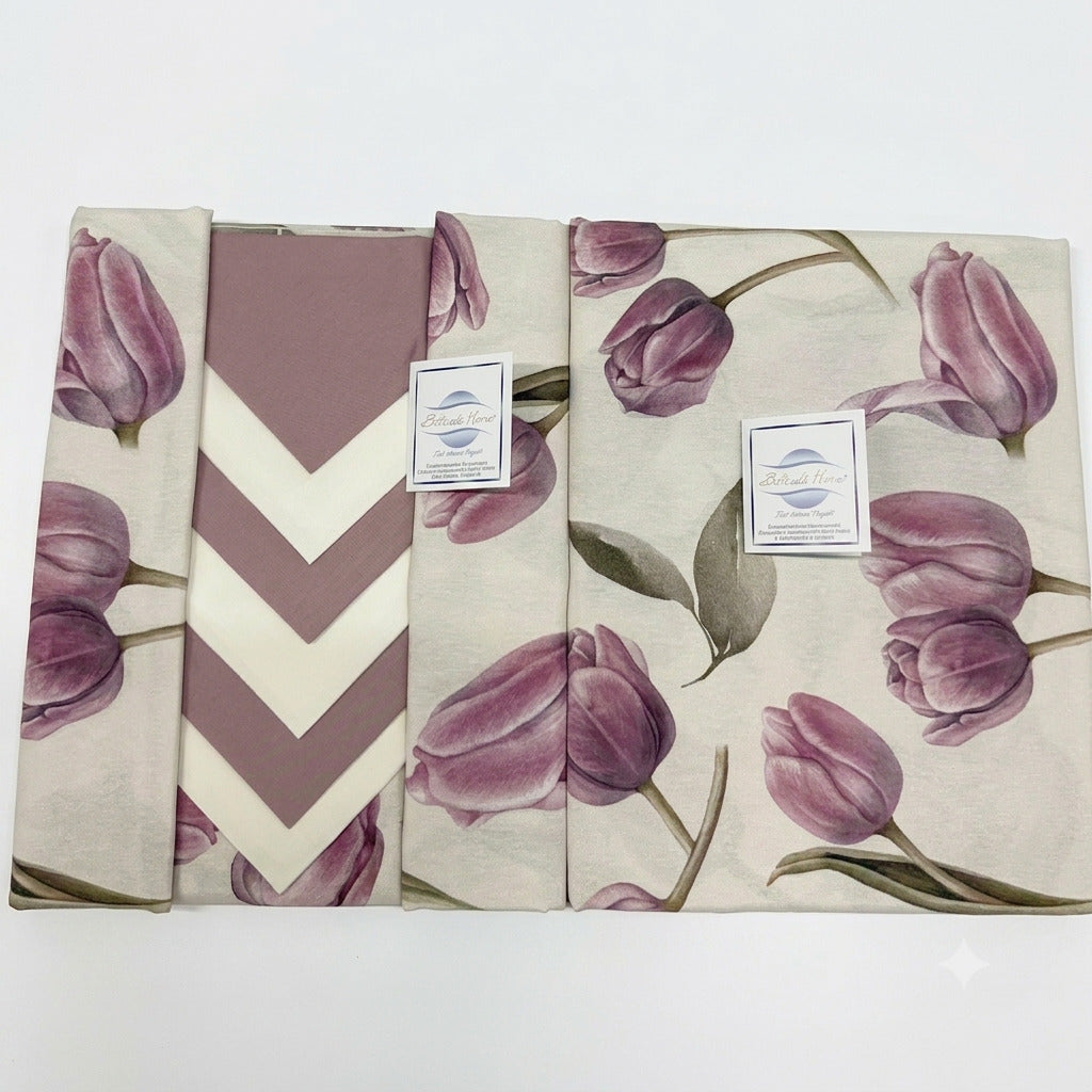 Confezione del servizio da tavola Tulipa Botticelli Home in cotone 100% colore rosa antico, ideale come idea regalo.