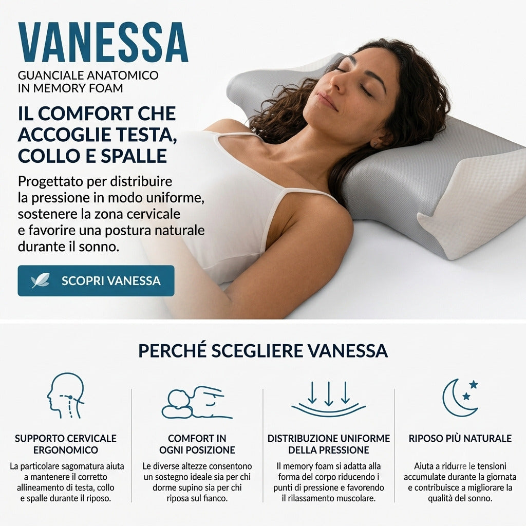 Infografica sui benefici del guanciale anatomico Vanessa con supporto ergonomico, comfort per ogni posizione e distribuzione della pressione.