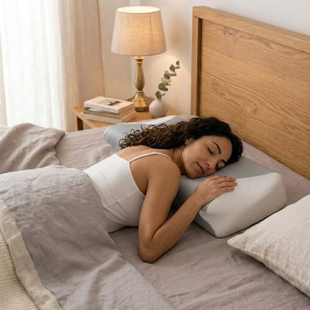 Donna addormentata su un letto matrimoniale riposando sul cuscino cervicale ergonomico Vanessa Botticelli Home.
