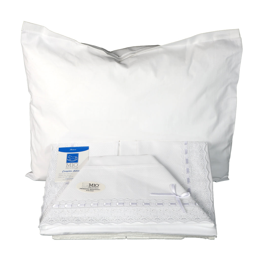Set lenzuolino per culla lettino in San Gallo e tela Aida colore bianco