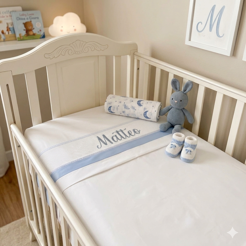 Lenzuolino Personalizzato con Nome Ricamato – Set Culla e Carrozzino | Ruocco Home