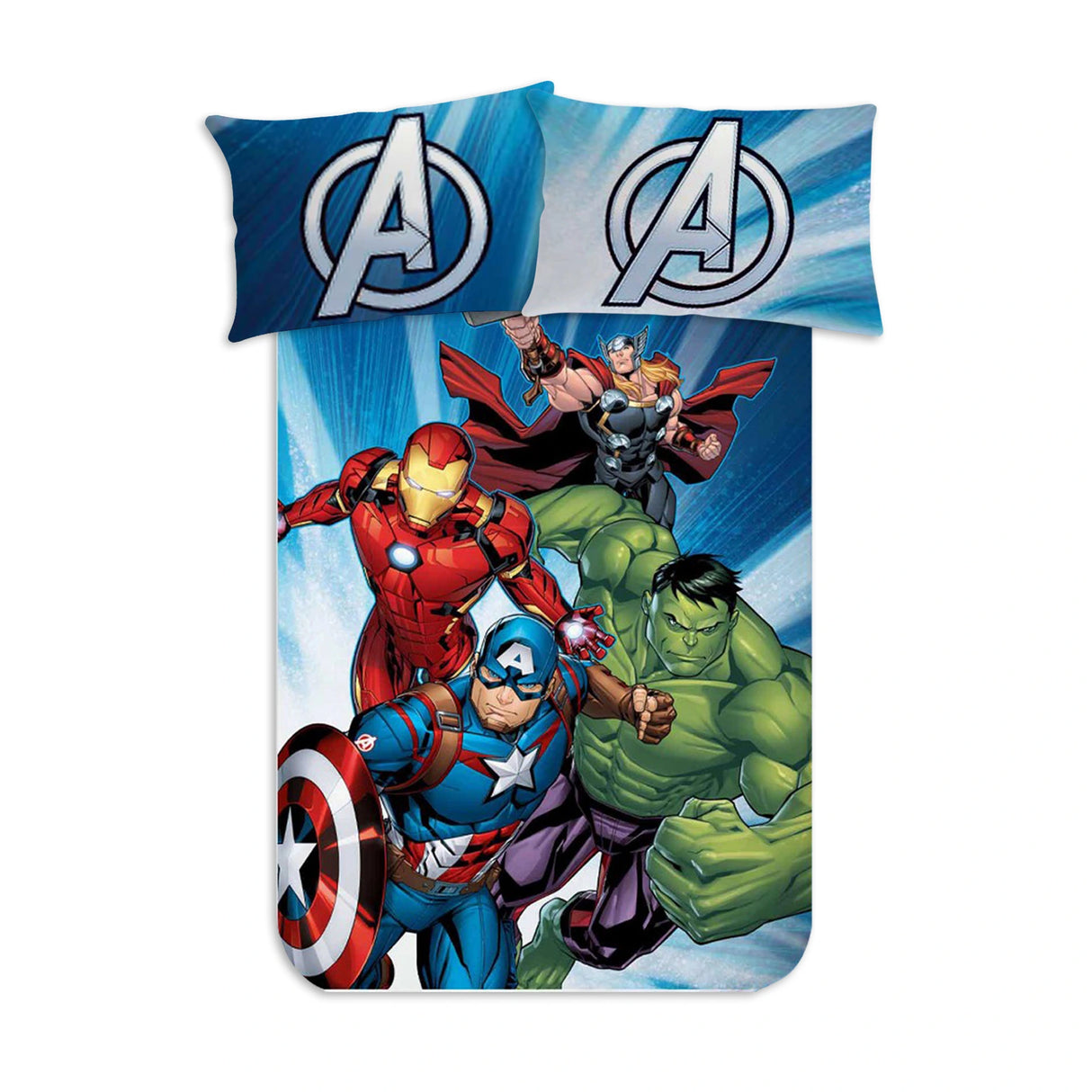 Foto prodotto su sfondo bianco della parure singolo Avengers Maè con lenzuolo e federa double face.