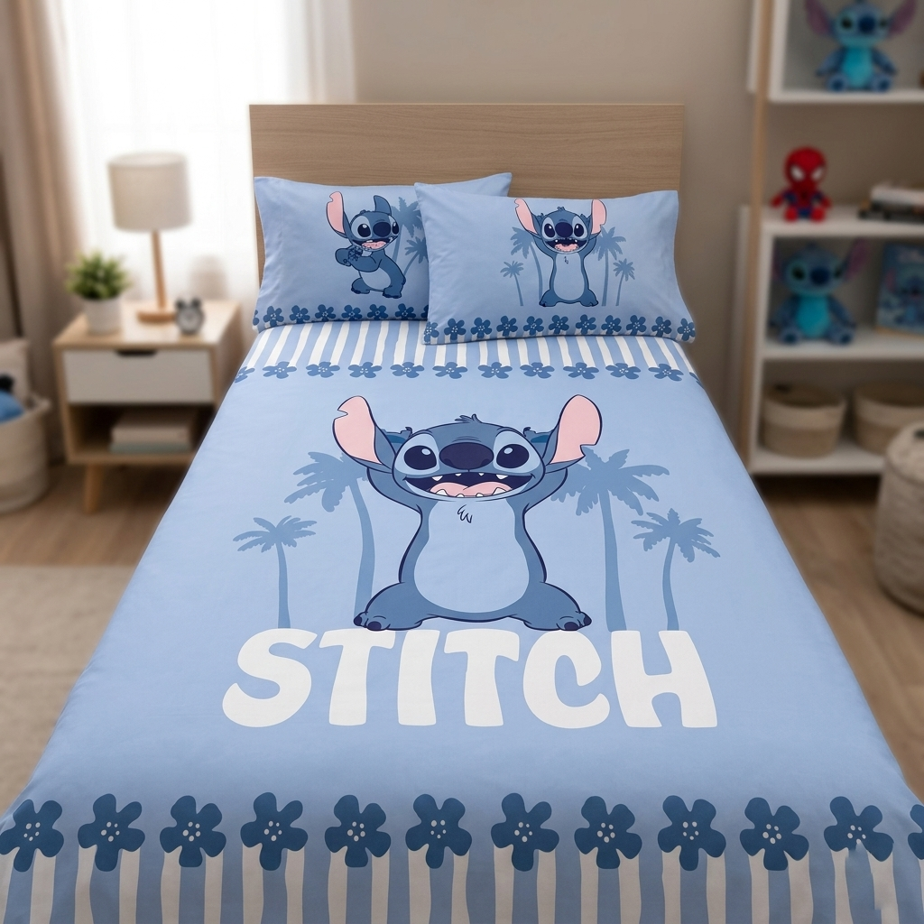 Parure letto singolo Stitch Maè by Via Roma 60 in puro cotone sul letto in una cameretta arredata.