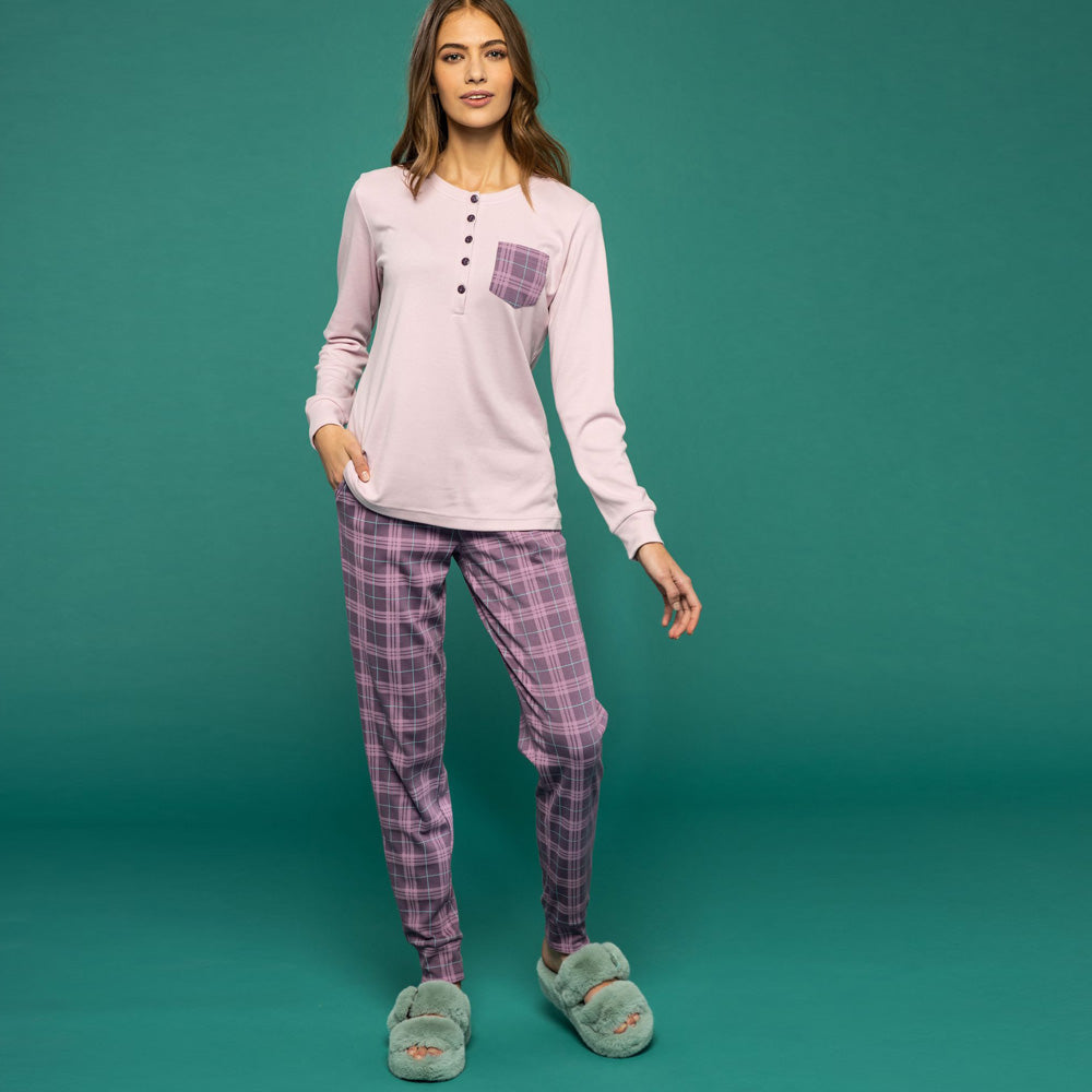 Noidìnotte Damen-Pyjama, Schottenkaro, warm, Baumwolle, Plüsch, verschiedene Farben
