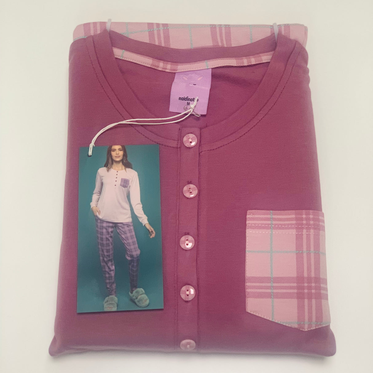 Noidìnotte Damen-Pyjama, Schottenkaro, warm, Baumwolle, Plüsch, verschiedene Farben