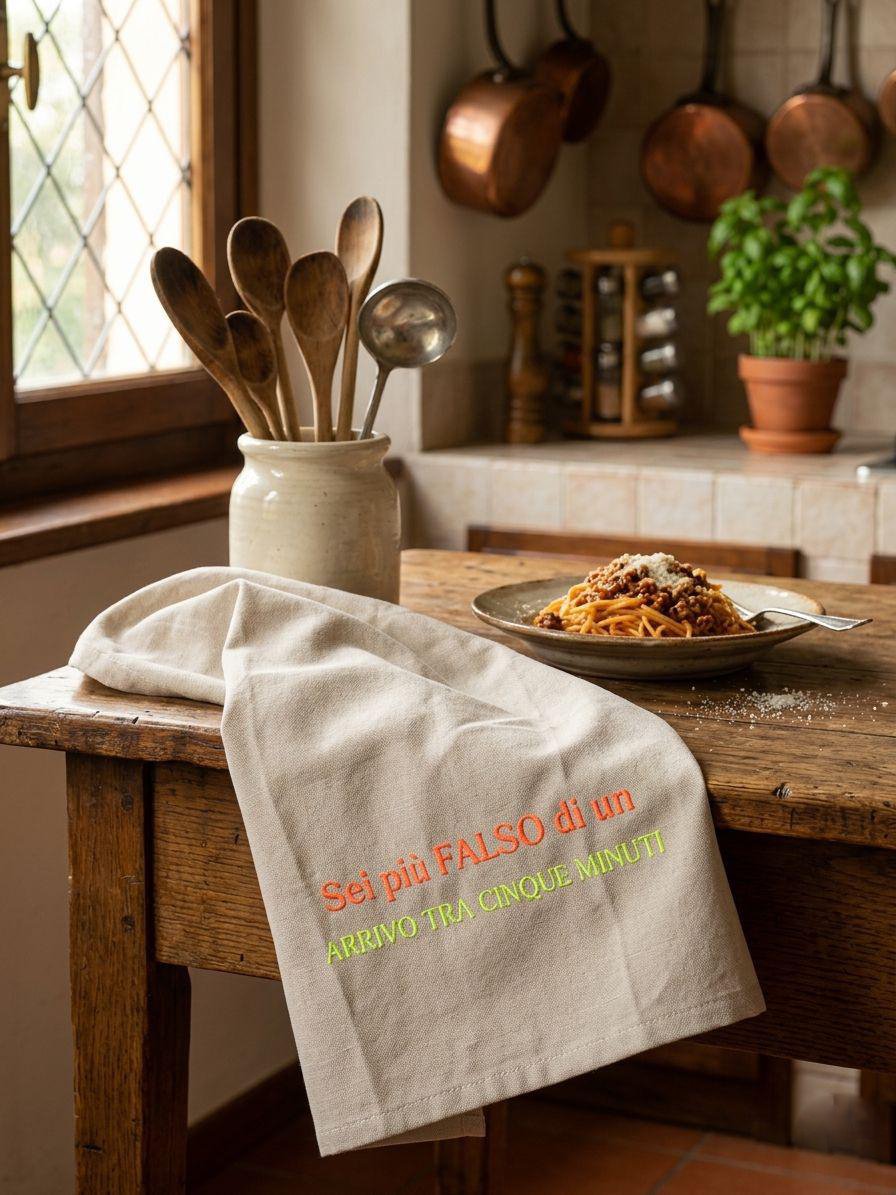 Strofinaccio in puro cotone ricamato Made in Italy con frase ironica – Ruocco Home