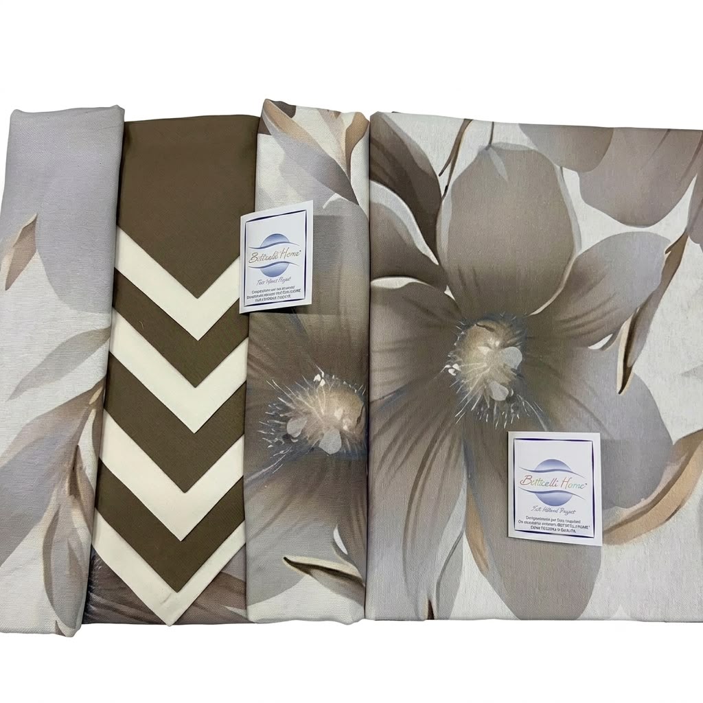 Confezione piegata del set tovaglia e tovaglioli Botticelli Home Aura colore tortora con dettagli fioriti.