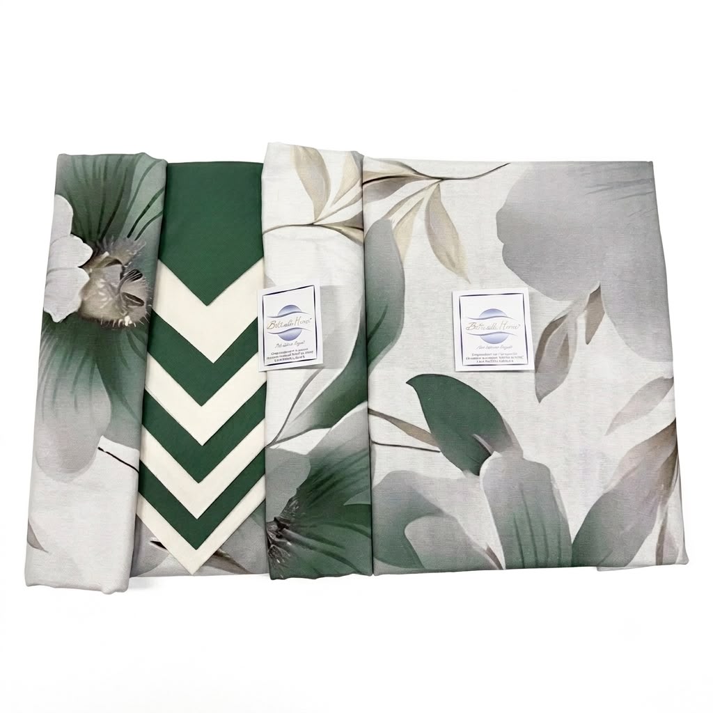 Servizio da tavola coordinato Aura Botticelli Home in cotone verde con tovaglioli rifiniti.
