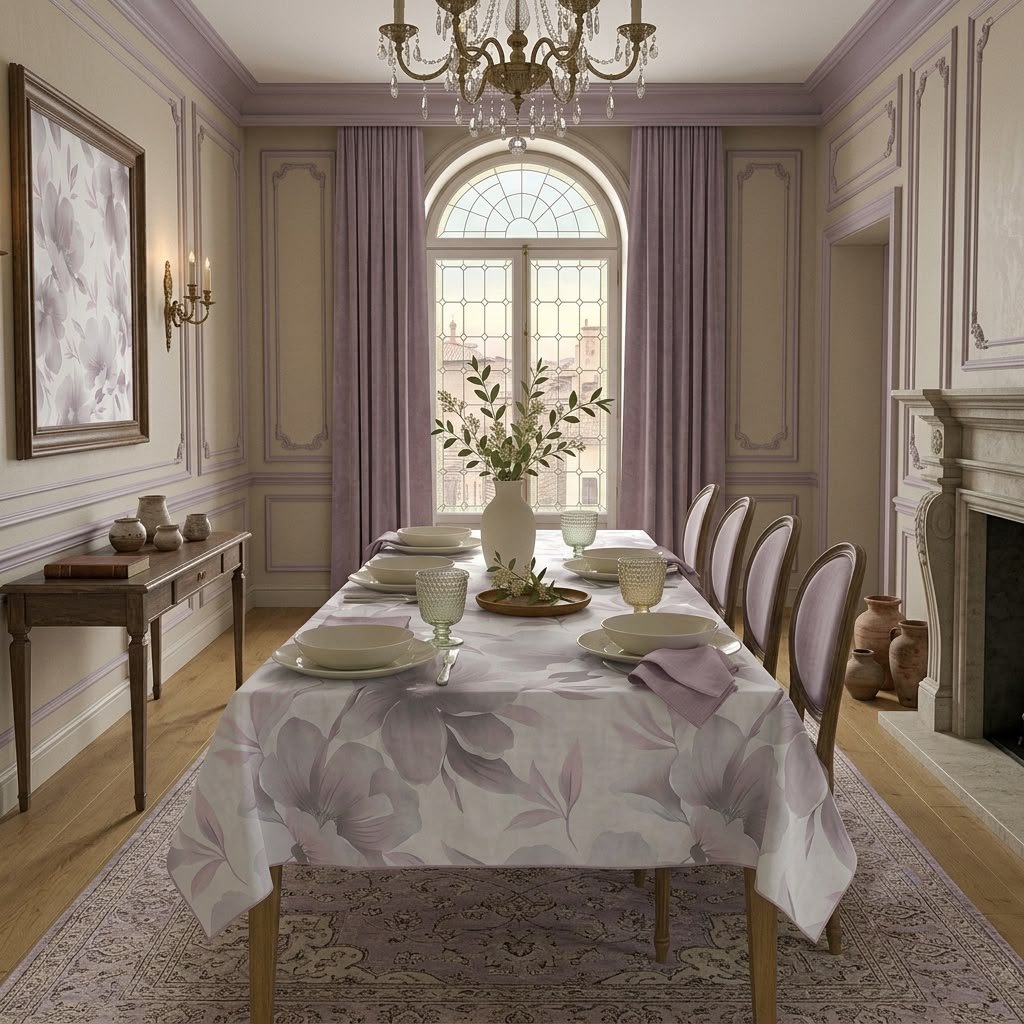 Tavolo da pranzo elegante apparecchiato con la tovaglia floreale Aura di Botticelli Home in un ambiente classico raffinato.