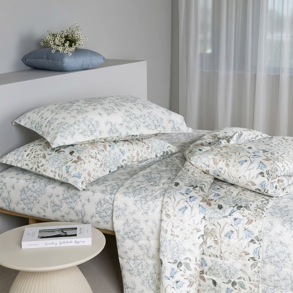 Dettaglio del risvolto double face sul letto per il trapuntino primaverile Very Neith.