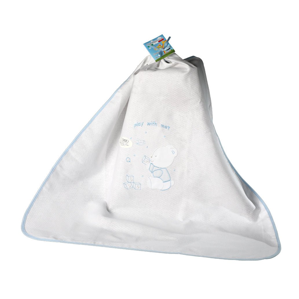 Pure Cotton Piquet Cot Pram Blanket Mio Piccolo Happy Bear 75x95 cm Light Blue