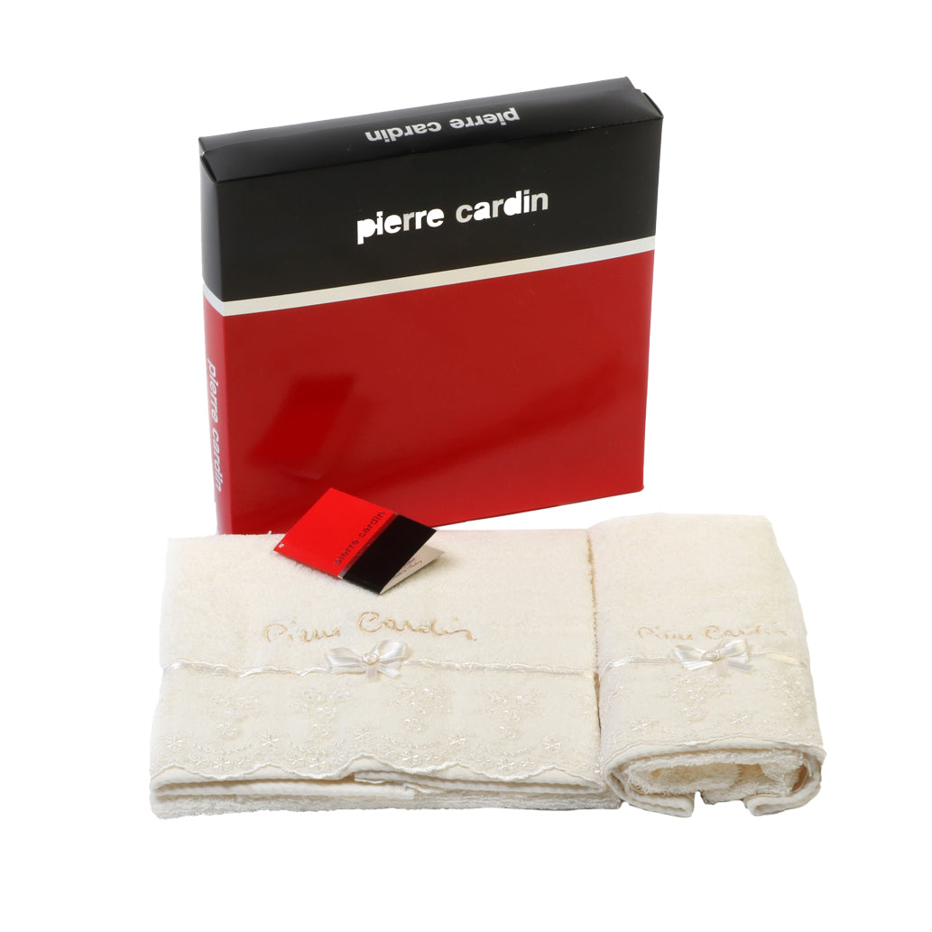 Coppia Asciugamani Bagno Spugna Pierre Cardin Astrid Viso + Ospite Panna