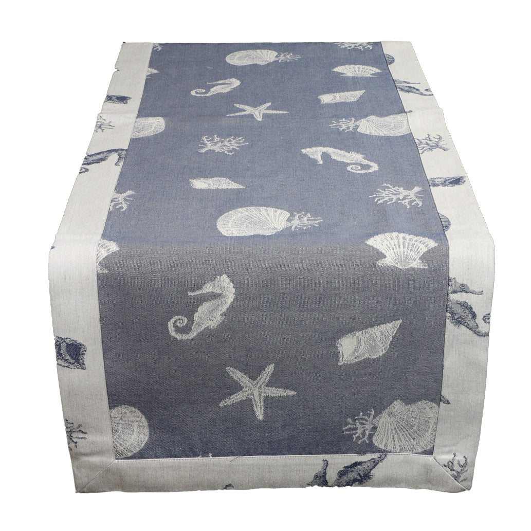 Runner in Pure Cotton Umbrian Artistic Fabric Poseidonia Line 50x150 cm Blue Color Pure Cotton