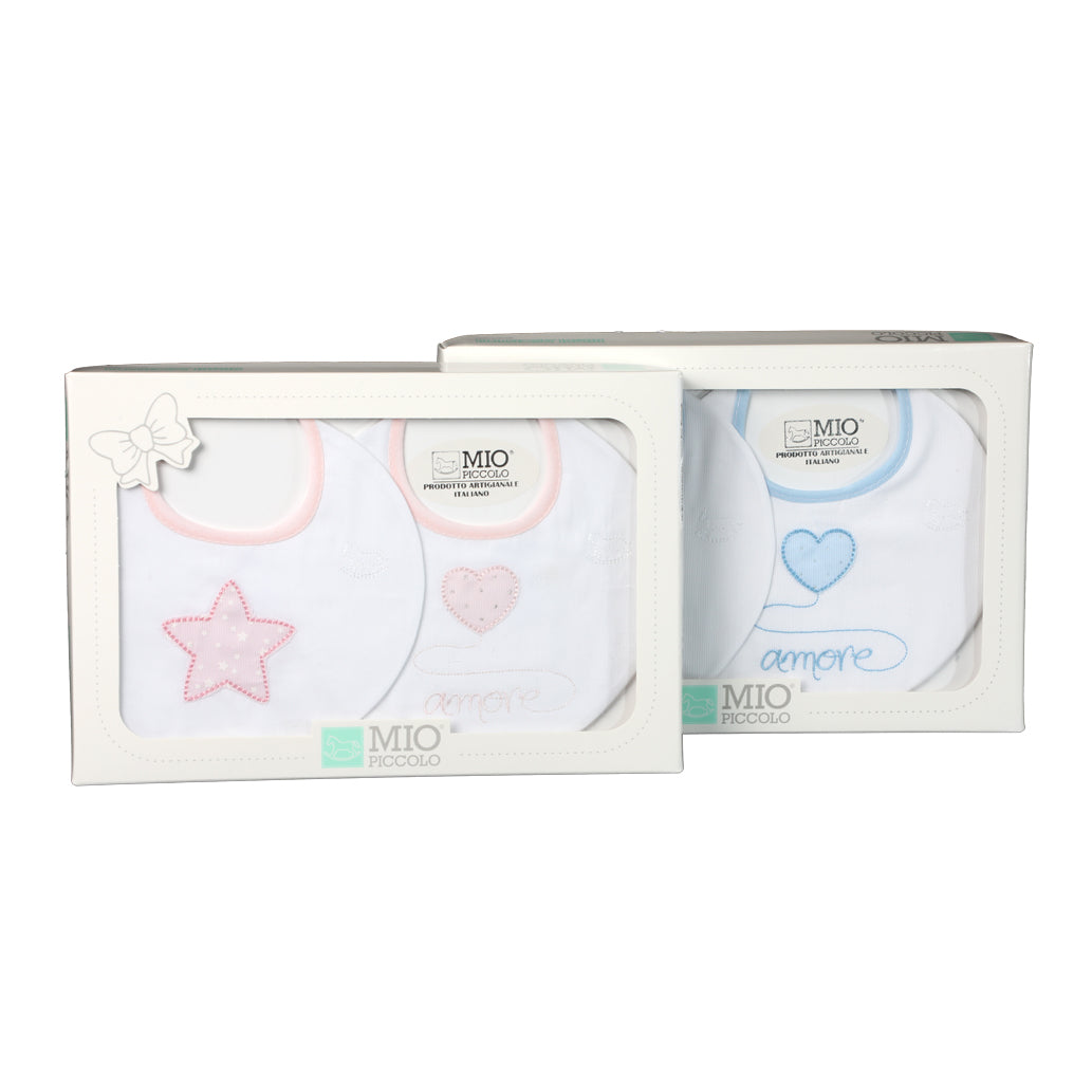 Set 2 Bavaglini Neonati Ricamati Mio Piccolo Love Puro Cotone Vari Colori