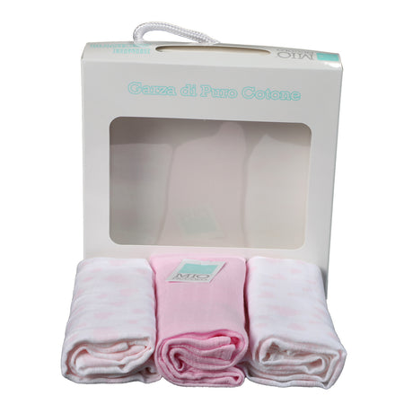 Set 3 Asciugamani Neonato "Cuori Rosa" QUADRATI IN GARZA - MIO PICCOLO