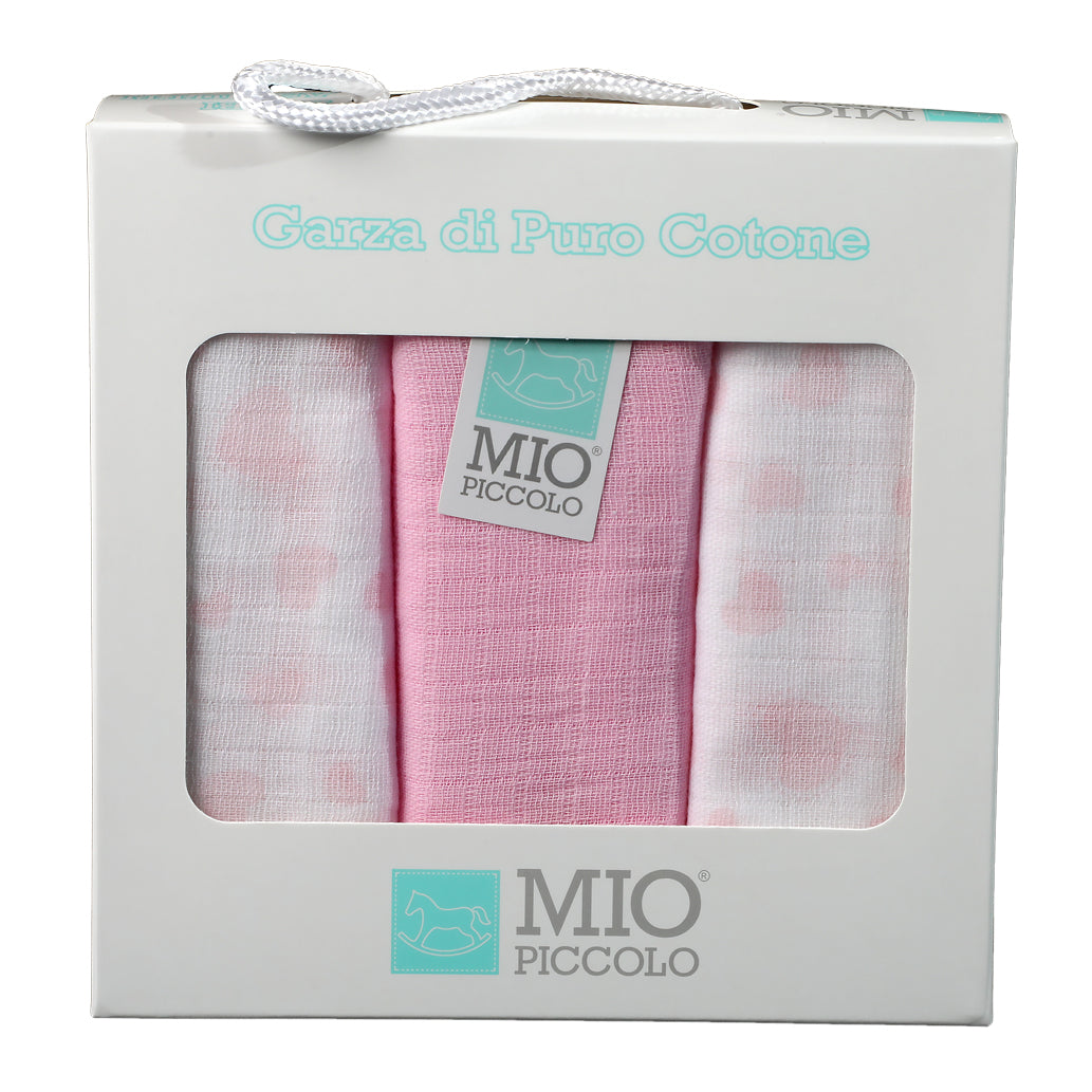Set of 3 "Pink Hearts" SQUARE BABY TOWELS IN GAUZE - MY LITTLE ONE
