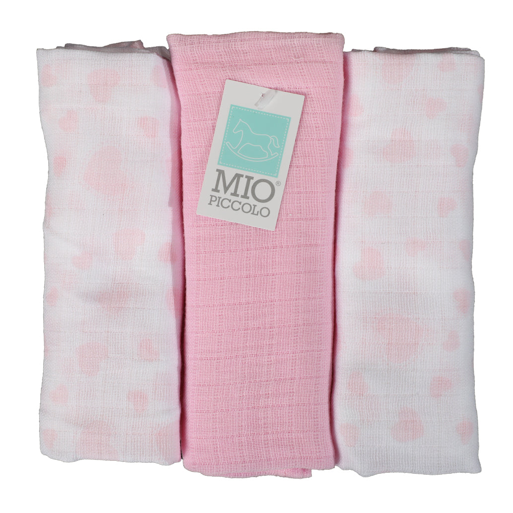 Set of 3 "Pink Hearts" SQUARE BABY TOWELS IN GAUZE - MY LITTLE ONE