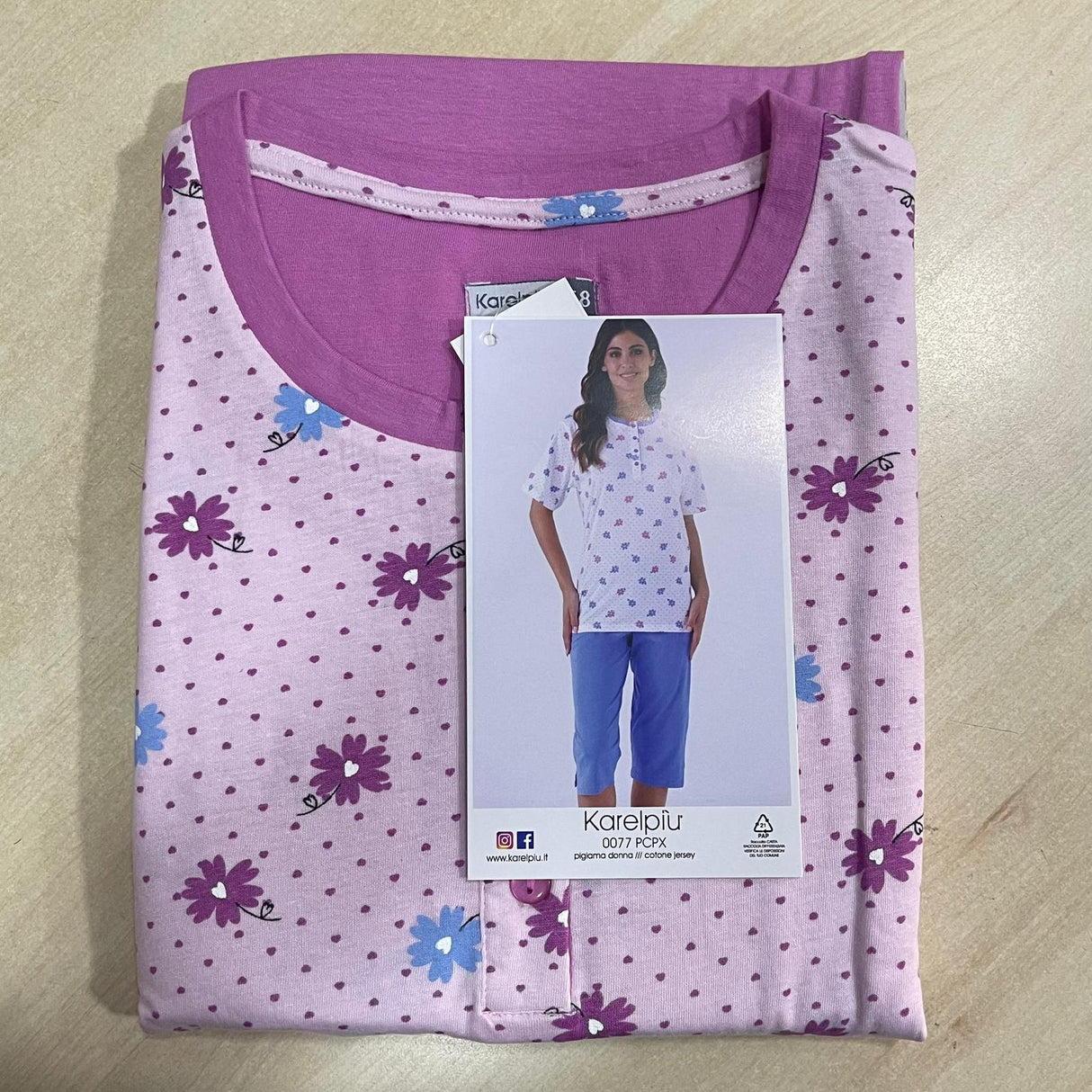 Pigiama Donna Calibrato Karelpiù 0077 - Cotone Mezza Manica e Capri