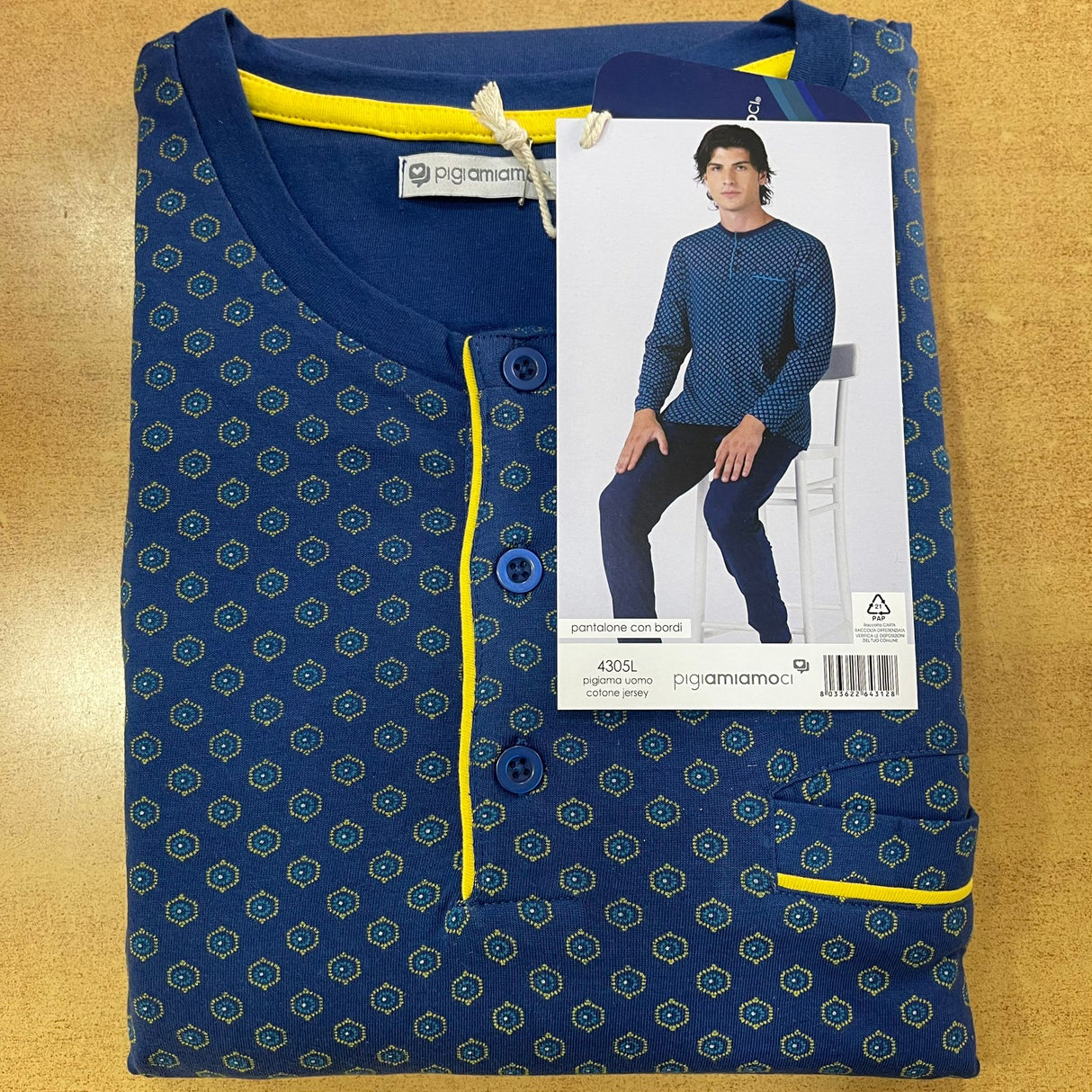 Pigiama Uomo Lungo Pigiamiamoci 4305 - Cotone con Polsini ed Elastici