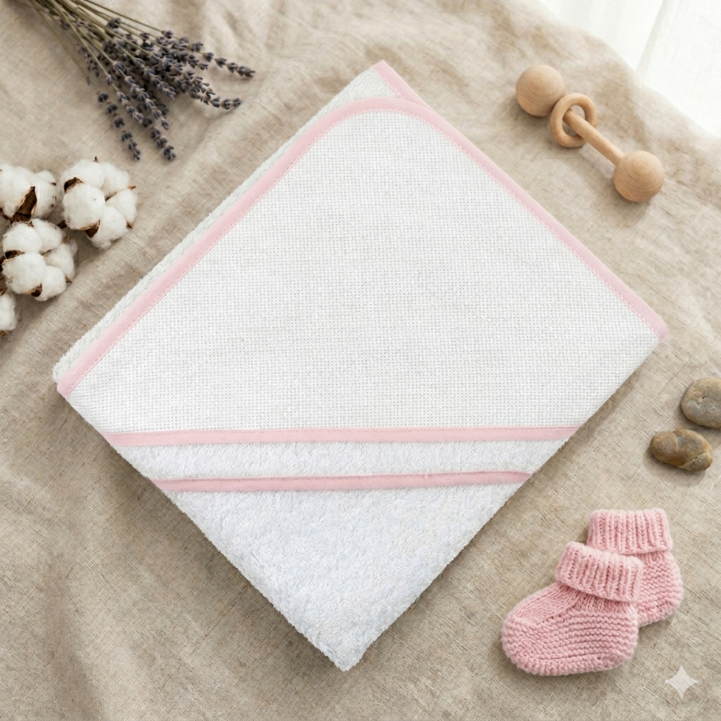 Accappatoio neonato Mio Piccolo rosa piegato con dettaglio tela Aida da ricamare
