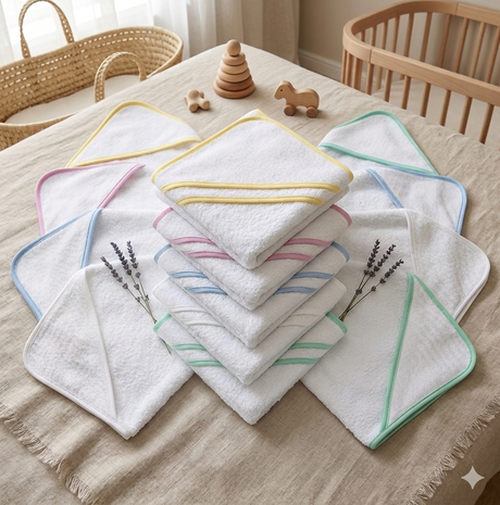 Accappatoio per neonato a triangolo marca Mio Piccolo in spugna di cotone con inserto in tela Aida per ricamo personalizzato.
