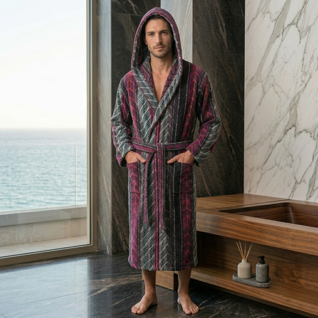 Accappatoio unisex Fausto Botticelli Home in spugna velour geometrica con cappuccio indossato