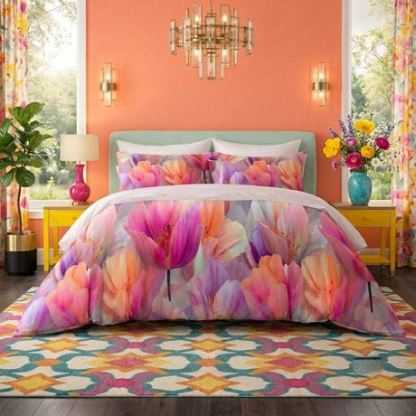 Vista frontale del completo letto matrimoniale Botticelli Home modello Ninfea Splendor con lenzuolo in puro cotone a motivi floreali grandi in una stanza colorata.