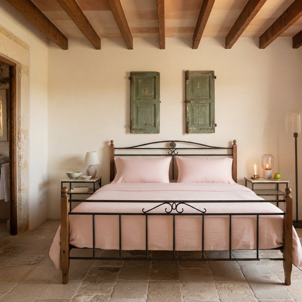 Completo lenzuola in puro cotone sul letto colore rosa cipria