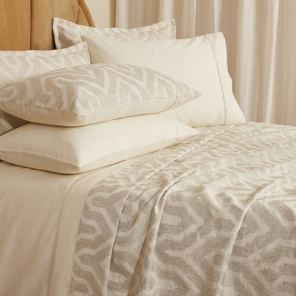 Inquadratura ravvicinata sul letto del completo Nadine Via Roma 60 beige con focus sul bordo jacquard.