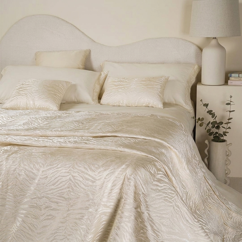 Dettaglio dei motivi in rilievo del tessuto jacquard per il copriletto Keran colore panna.