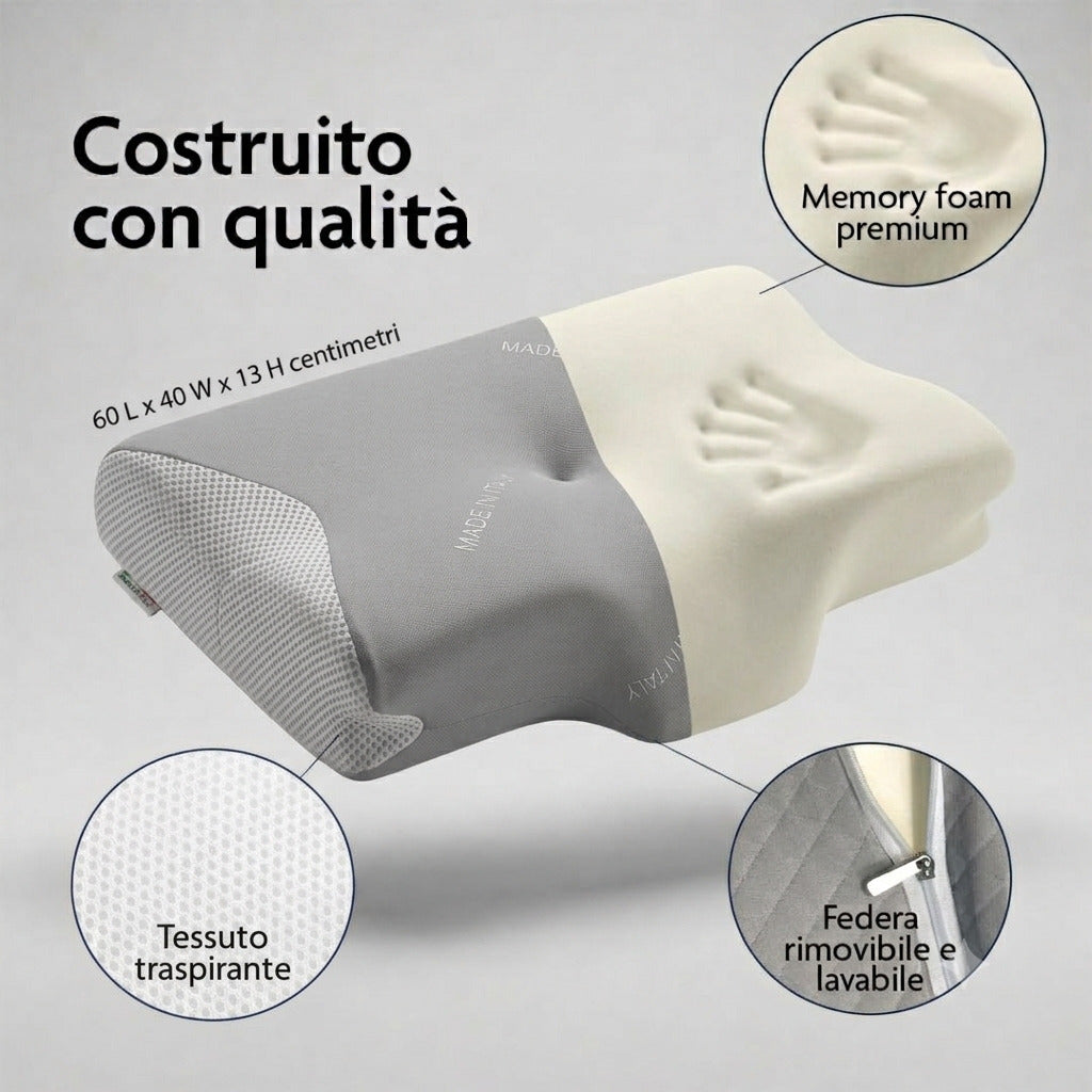 Cuscino cervicale memory Vanessa Botticelli Home con indicazione delle dimensioni 60x40x13 cm, tessuto traspirante, federa lavabile e schiuma memory foam premium.