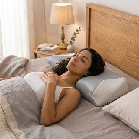 Donna che dorme supina con allineamento ottimale della testa e del collo grazie al guanciale in memory foam Vanessa.