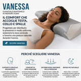 Infografica sui benefici del guanciale anatomico Vanessa con supporto ergonomico, comfort per ogni posizione e distribuzione della pressione.