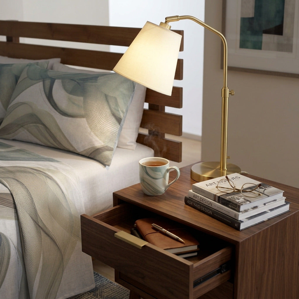 Dettaglio ravvicinato della federa coordinata del set lenzuola Ellisse Botticelli Home posizionata vicino a un comodino in legno con lampada di design.