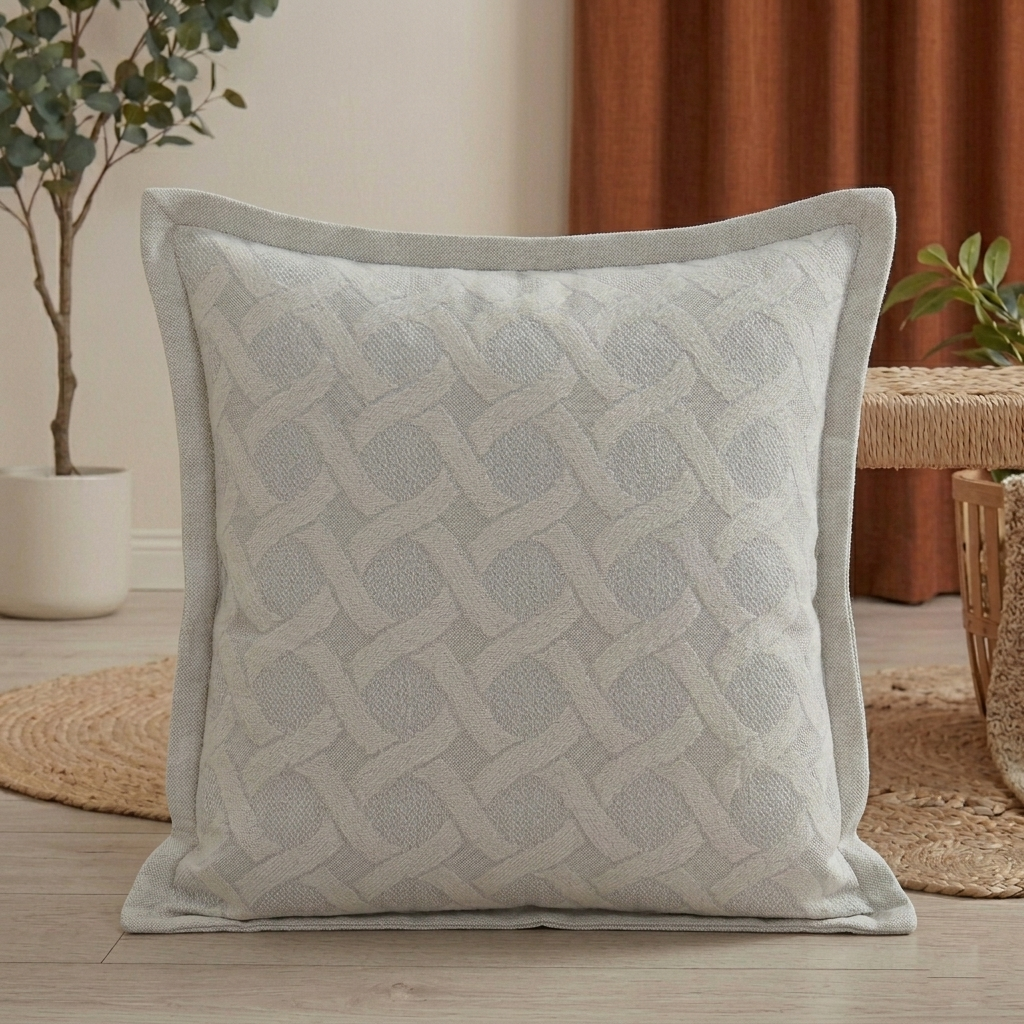 Dettaglio della foderina per cuscino arredo in omaggio in misto cotone e poliestere, coordinata al copriletto Oman con motivo geometrico grigio