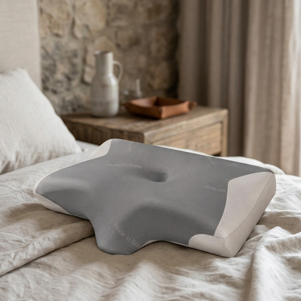 Cuscino cervicale ergonomico sagomato Vanessa Botticelli Home con nucleo grigio e lati bianchi posizionato sul letto.