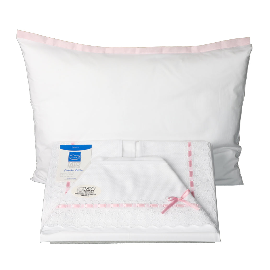 Set lenzuolino per culla lettino in San Gallo e tela Aida colore rosa