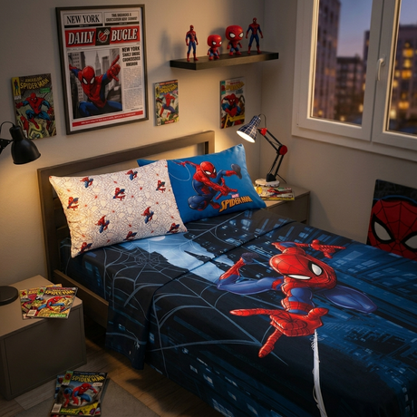 Parure letto singolo Spiderman Maè by Via Roma 60 in puro cotone stesa sul letto in una cameretta.