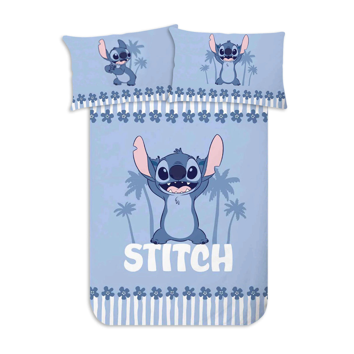 Foto prodotto su sfondo bianco della parure singolo di Stitch Maè con lenzuolo e federa double face.