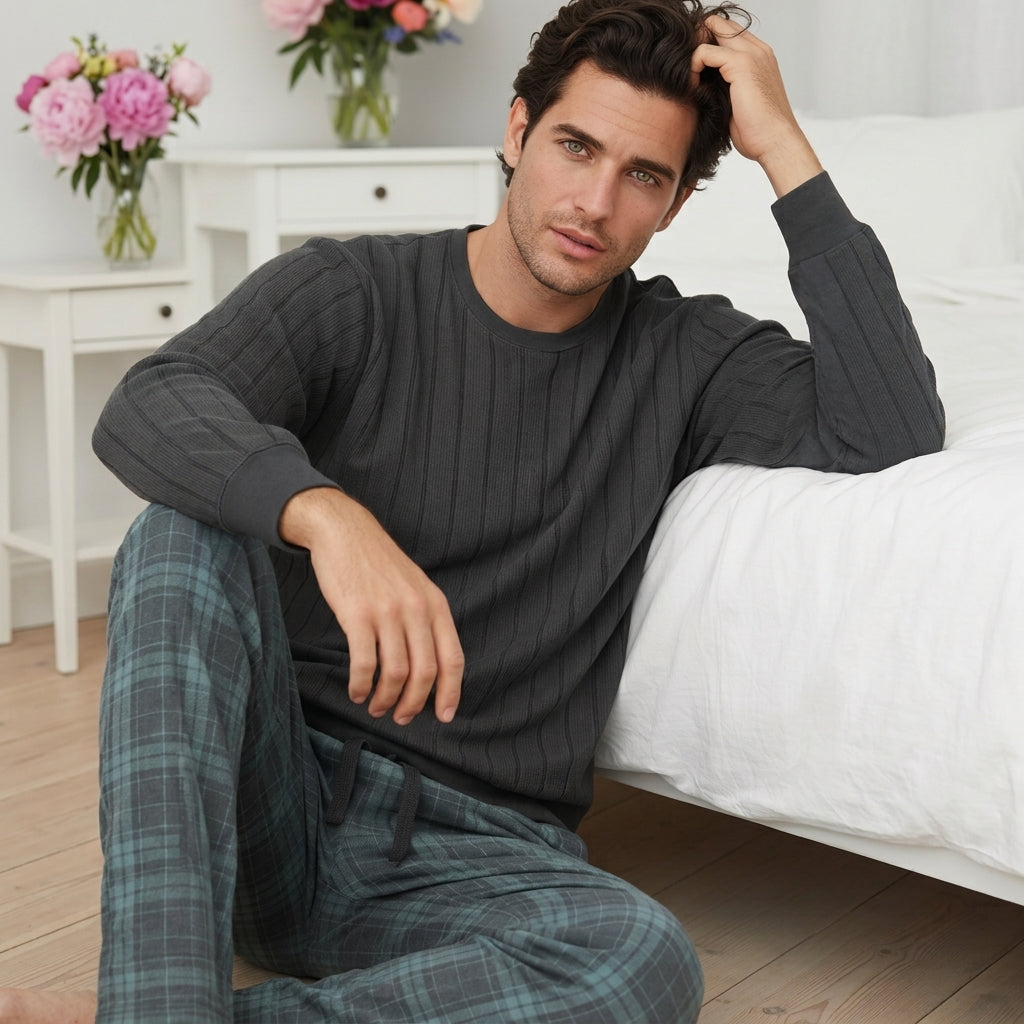Modello uomo seduto accanto al letto indossa il pigiama invernale in caldo cotone grigio a costine con pantalone a quadri