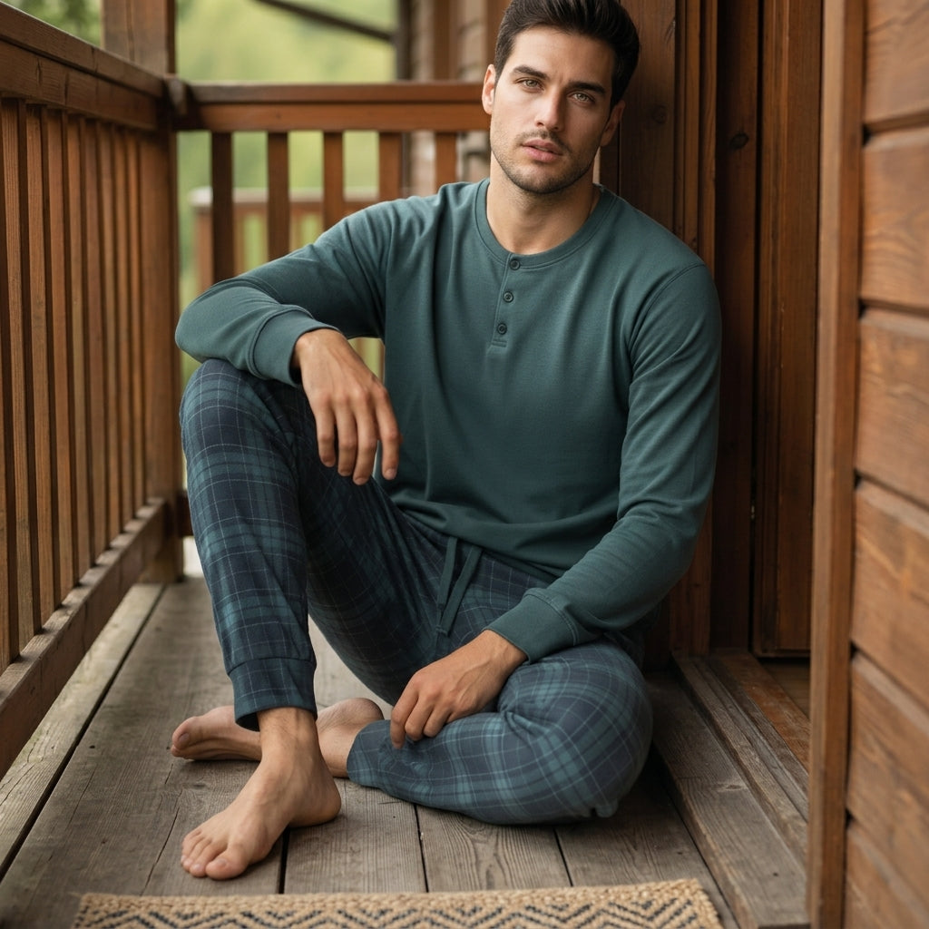Uomo seduto su una terrazza in legno indossa il pigiama in micro coral Pigiamiamoci modello 1288 con maglia verde e pantaloni a quadri.