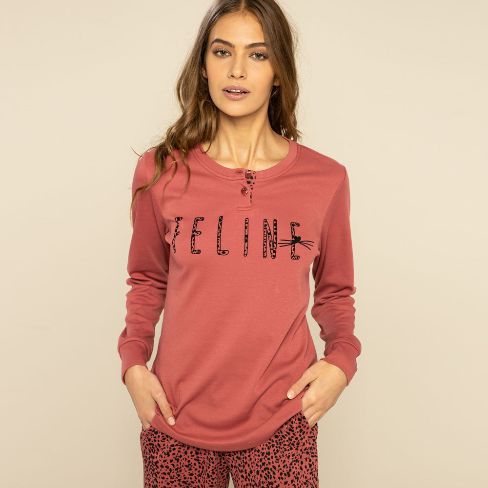 Noidìnotte Feline Damen-Pyjama aus warmer Baumwolle