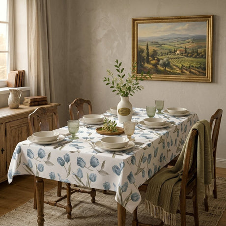 Tavola apparecchiata con il servizio da tavola Tulipa Botticelli Home in cotone colore carta da zucchero con dettagli di piatti e calici.