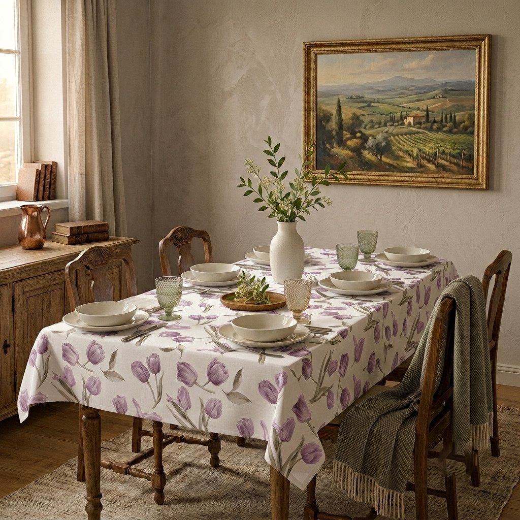 Tovaglia floreale Tulipa Botticelli Home in colore rosa antico con tulipani sfumati, per un'atmosfera elegante in sala da pranzo.